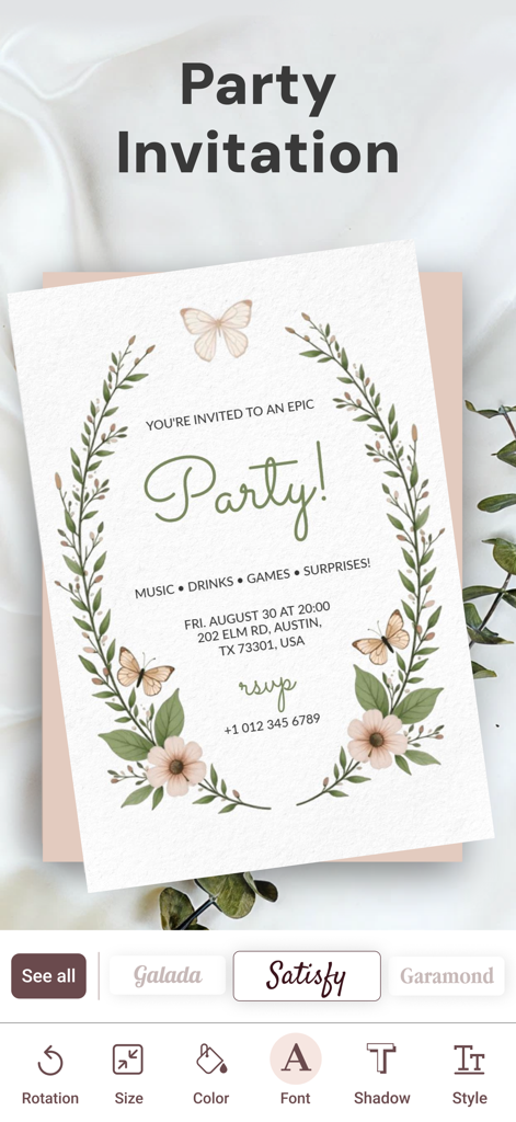 Mobile app interface for creating a floral party invitation with custom font options