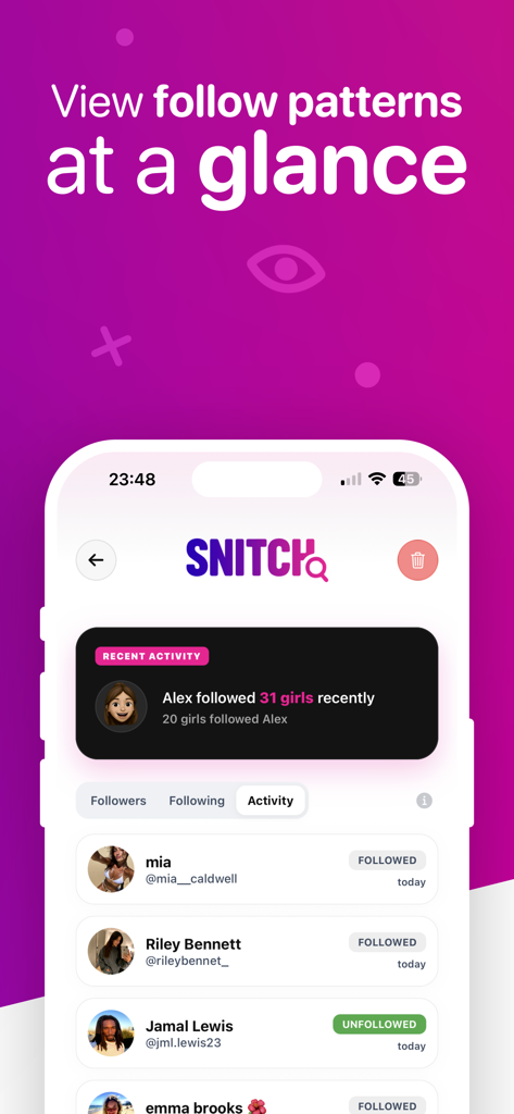Snitch: Recent Follow Tracker - Interface of the Snitch app showing a summary of recent follow and unfollow activity on Instagram