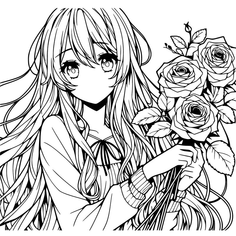 anime girl with long blonde hair with roses in her hand