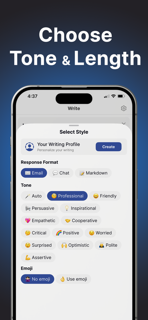 AI Email Writer - Boss - Interface of the Boss AI app showing email tone and style selection options