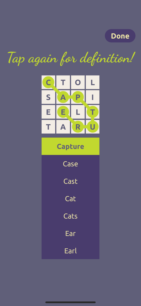 Spell Mania의 게임 플레이, capture라는 단어가 형성된 글자 그리드와 찾은 단어 목록 표시