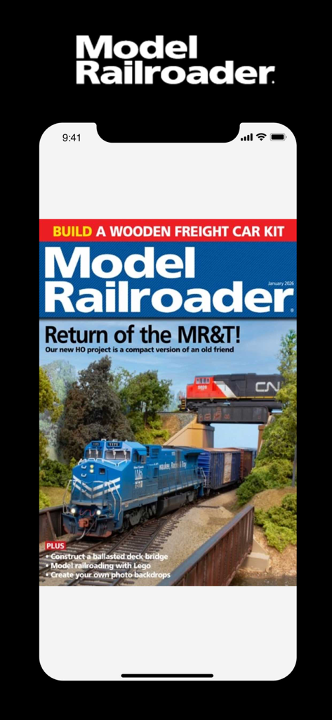 Model Railroader Magazine - The Model Railroader Magazine app showing a digital issue cover with a blue freight train on tracks