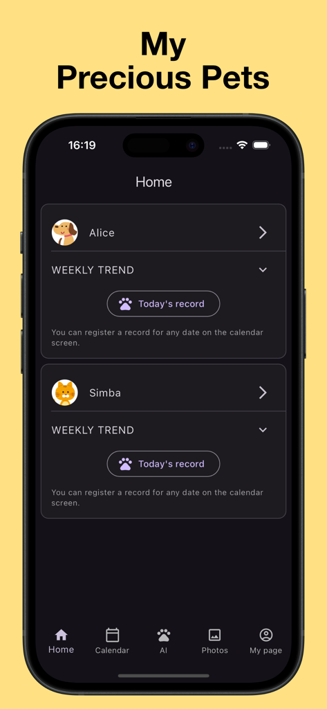 My Pet App for Health Tracking - Alice the dog와 Simba the cat과 같은 여러 반려동물의 프로필을 보여주는 반려동물 건강 추적 앱 홈 화면