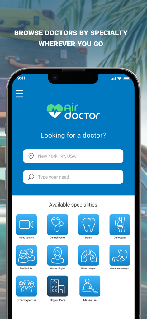 Air Doctor app search screen for finding local doctors by specialty and location