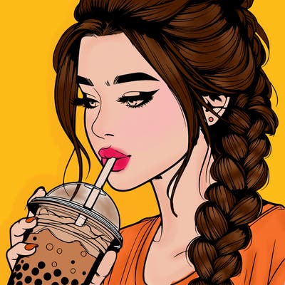 realistic girl drinking boba tea with braided hair