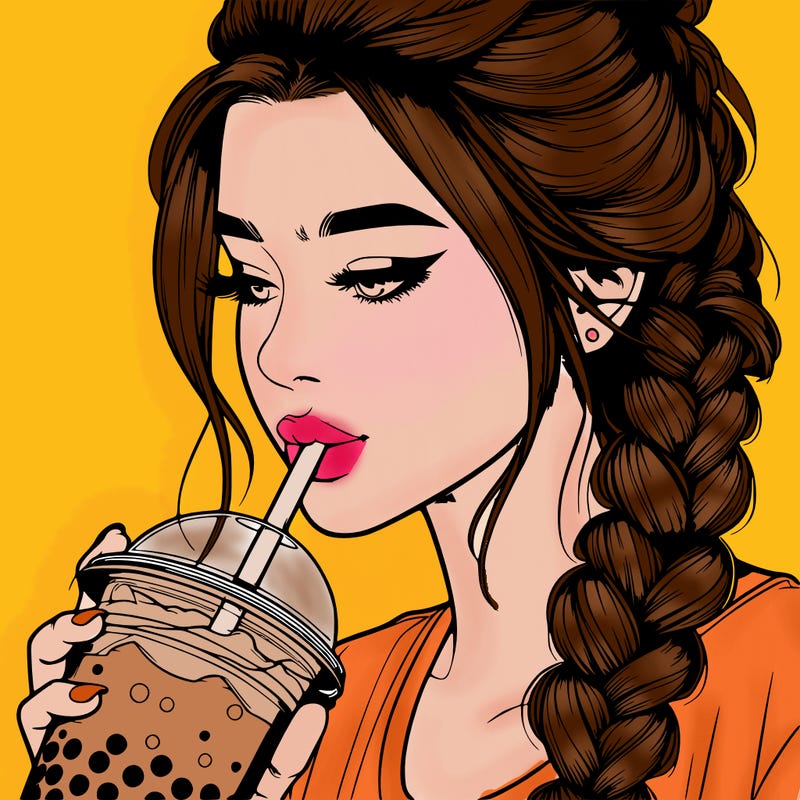 realistic girl drinking boba tea with braided hair