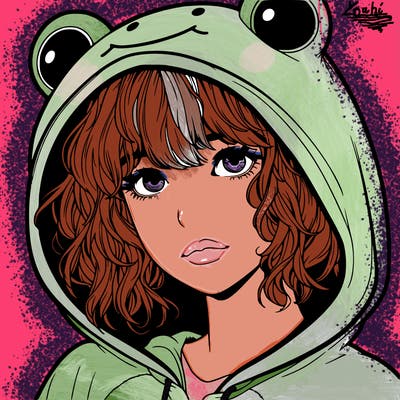 a realistic teenage girl with a messy fringe, in a frog onesie with the hood up