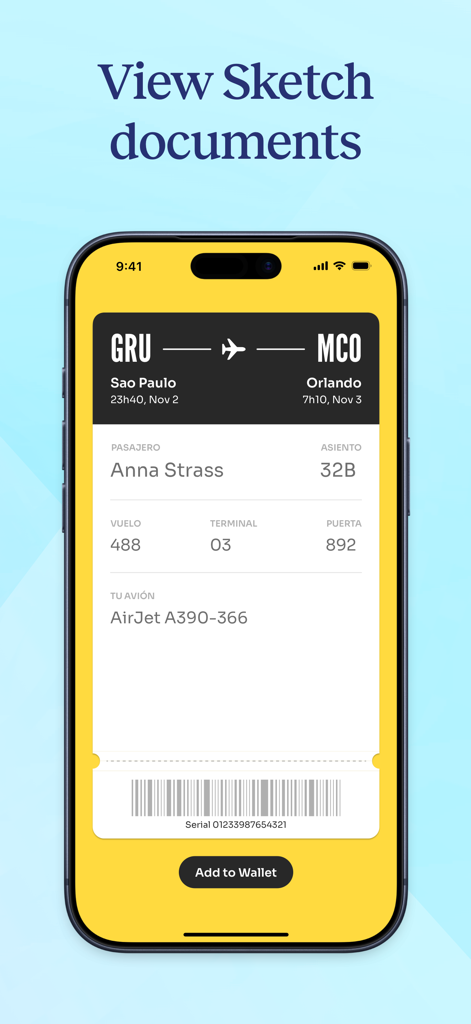 Sketch — View and Mirror - Una pantalla de iPhone que muestra un diseño de tarjeta de embarque dentro de la aplicación Sketch.