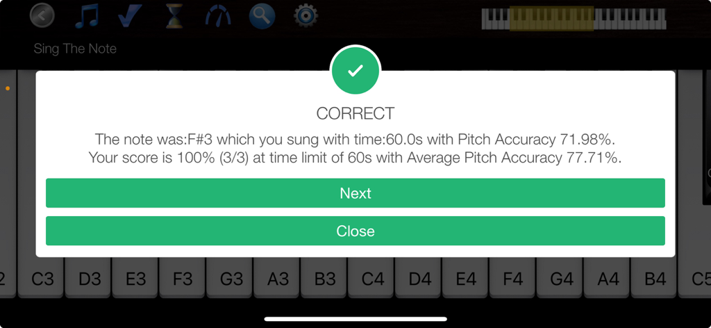 Voice Training - Learn to Sing - A result screen in the Voice Training app showing pitch accuracy stats and a correct mark for a singing exercise over a piano keyboard interface