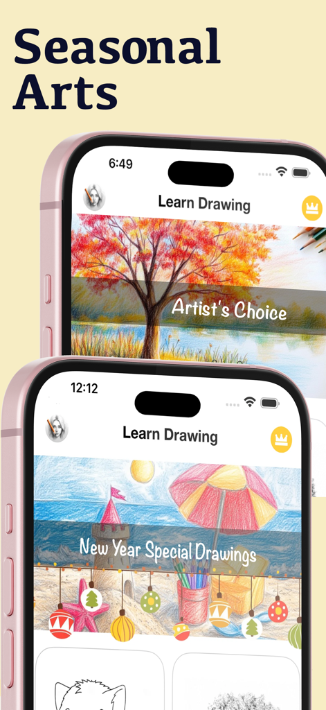 Learn Drawing Offline: Artify - Schermate di telefoni cellulari che mostrano tutorial di disegno stagionali nell'app Artify