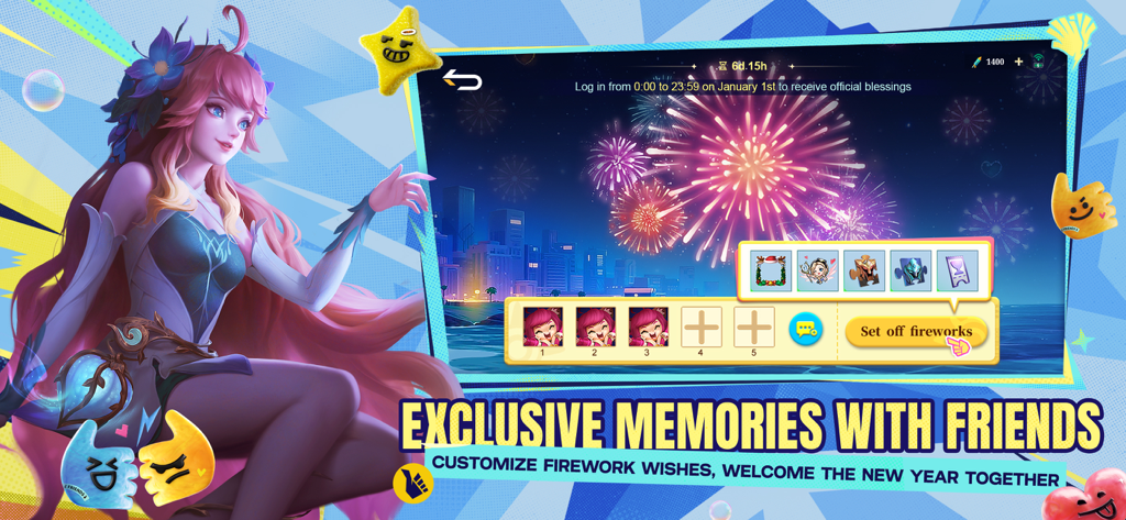 Mobile Legends: Bang Bang.US - Mobile Legends Bang Bang US Neujahrs-Event-Bildschirm mit einer weiblichen Figur und anpassbarem Feuerwerk über einer Stadtsilhouette.
