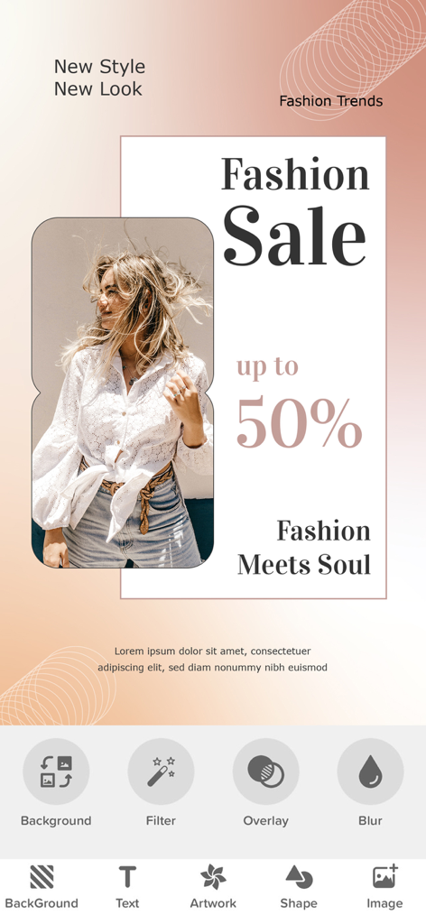 Interface of Quote Maker app showing a customizable fashion sale poster template with editing tools