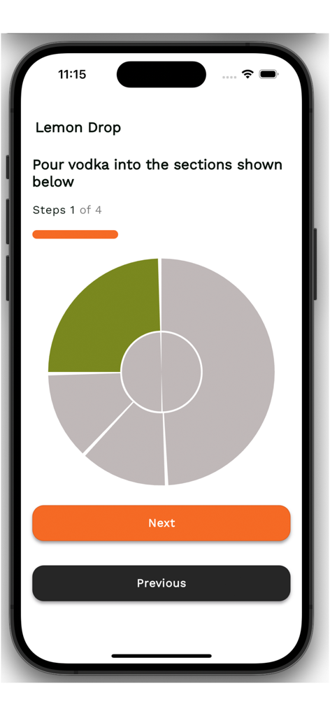 Bartifier - Bartifier app interface showing step by step instructions for pouring vodka into a cocktail container for a Lemon Drop