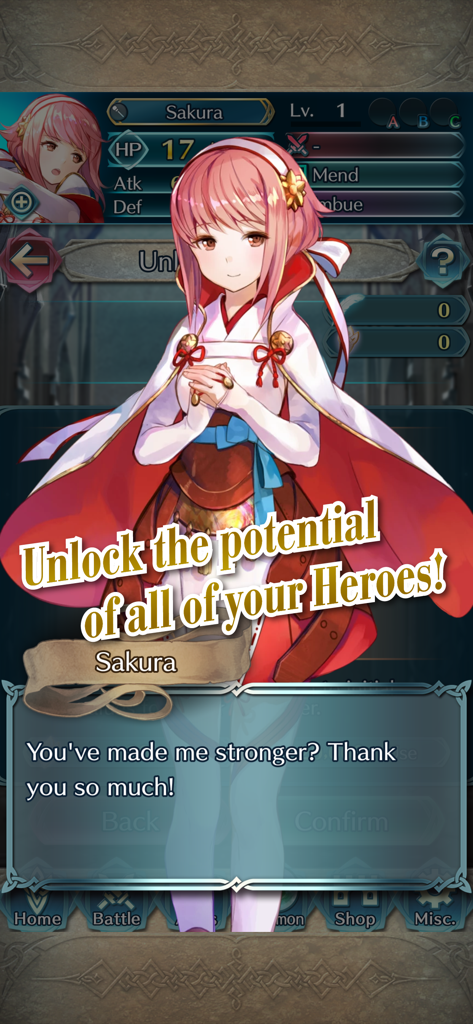 Fire Emblem Heroes - 사쿠라 캐릭터와 '모든 영웅의 잠재력을 해방하세요'라는 텍스트가 포함된 파이어 엠블렘 히어로즈 스크린샷