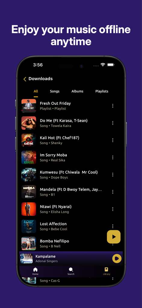 AfroCharts mobile app interface showing the downloads screen for offline music listening