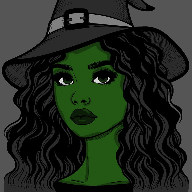 realistic girl with wavy hair a witch hat and a nose and lips and eyes