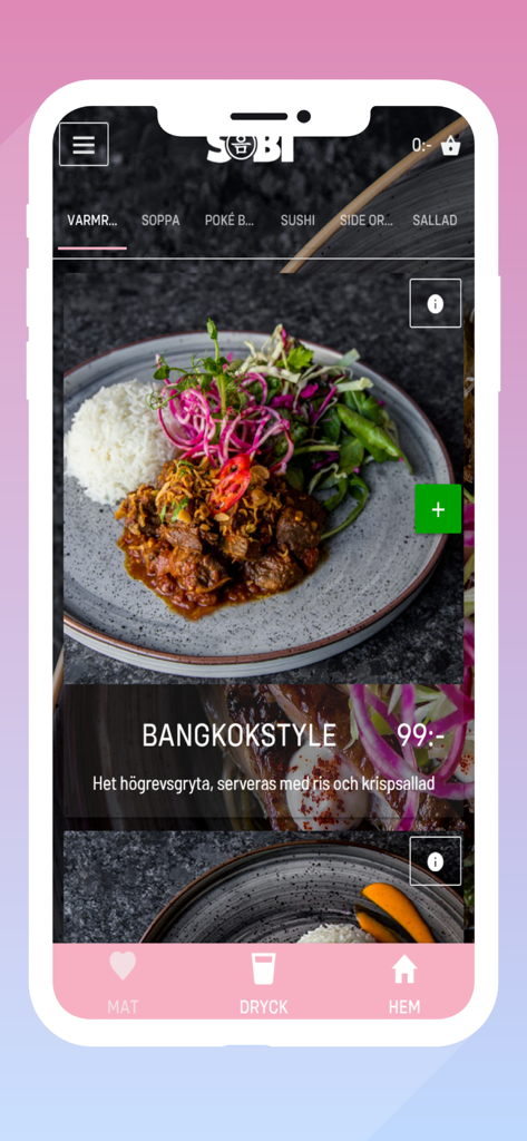 Sobi - Sobiモバイルアプリのインターフェース。ご飯とサラダが付いたバンコク風ビーフシチューを表示。