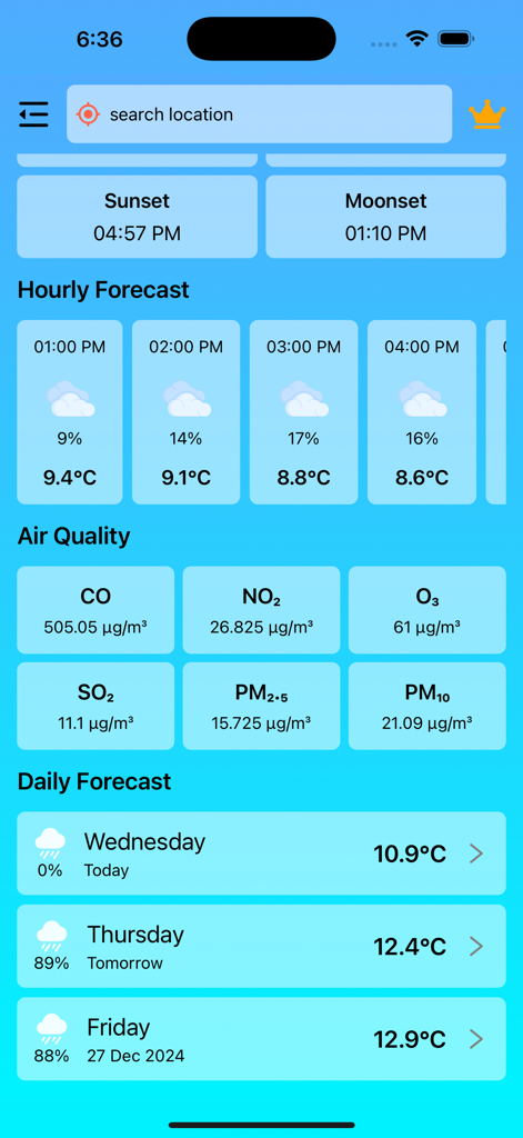 날씨 실시간 일기 예보 앱의 시간별 일일 날씨 및 대기질 정보 스크린샷