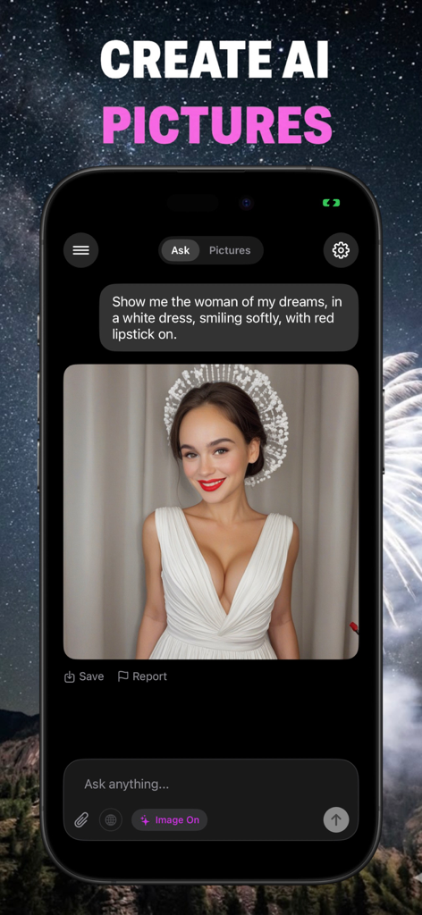 Captura de tela do Unfiltered AI Chat mostrando uma imagem gerada de uma mulher com base em um prompt de texto.