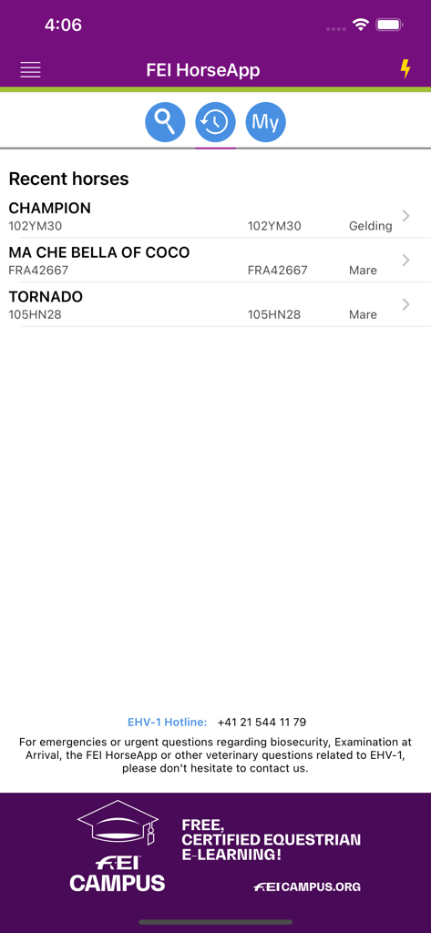 FEI HorseApp - 最近アクセスした馬の名前とID番号のリストを表示するFEI HorseAppのモバイル画面