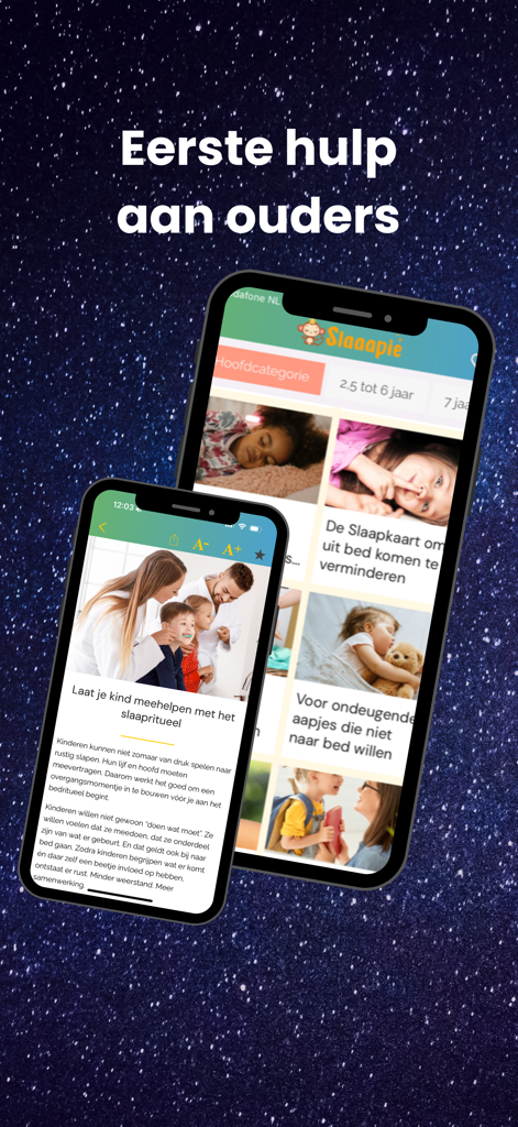 Slaaapie - slaaphulp voor kids - Slaaapie app interface showing bedtime ritual tips and sleep categories for children.