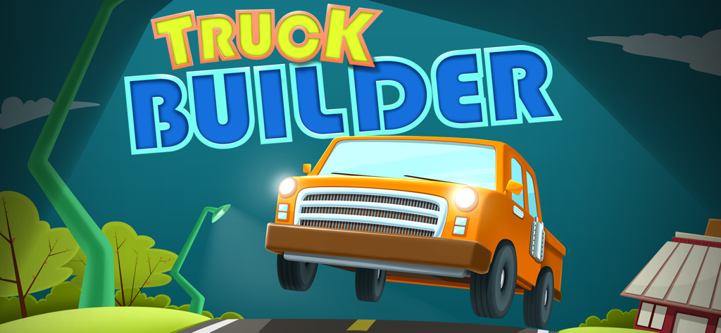 Schermata del titolo dell'app Costruttore di Camion per bambini con un pickup arancione cartone animato che salta su una strada.