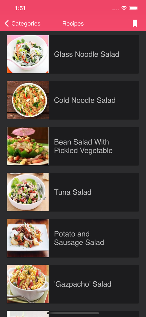 Healthy Food Recipes - Yummy - Ein mobiler App-Bildschirm, der eine Liste gesunder Salatrezepte anzeigt, darunter Glasnudelsalat und Thunfischsalat