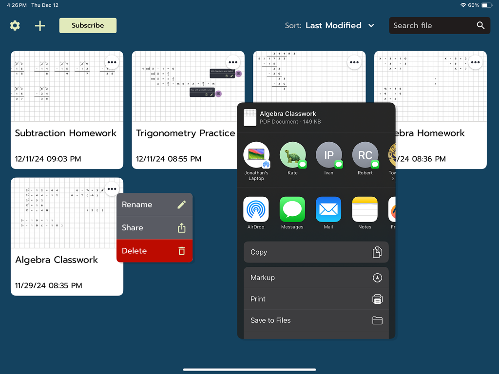 Modmath - Modmath app dashboard on iPad showing math assignments and a file sharing menu