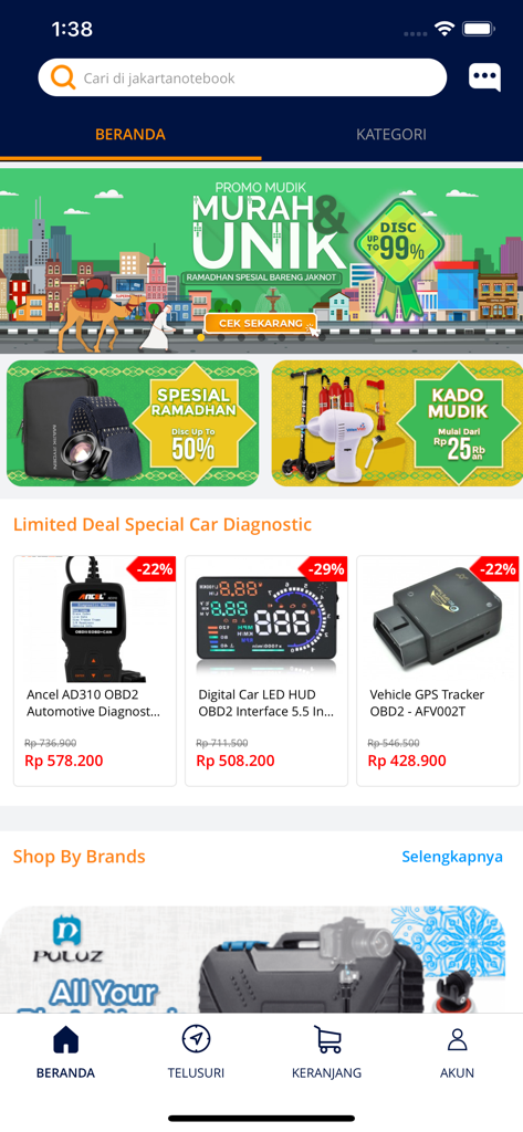 Jakarta Notebook - Jakarta Notebook shopping app home screen displaying electronics deals and banners