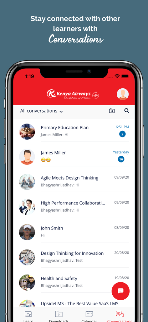 KQIlearn - Interfaz de la aplicación KQIlearn que muestra las funciones de conversaciones y aprendizaje social