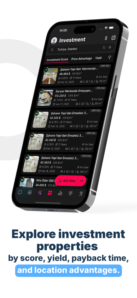 Endeksa: Value & Sell Property - Endeksaアプリのインターフェースがスコアと利回りのある不動産投資物件を示しています