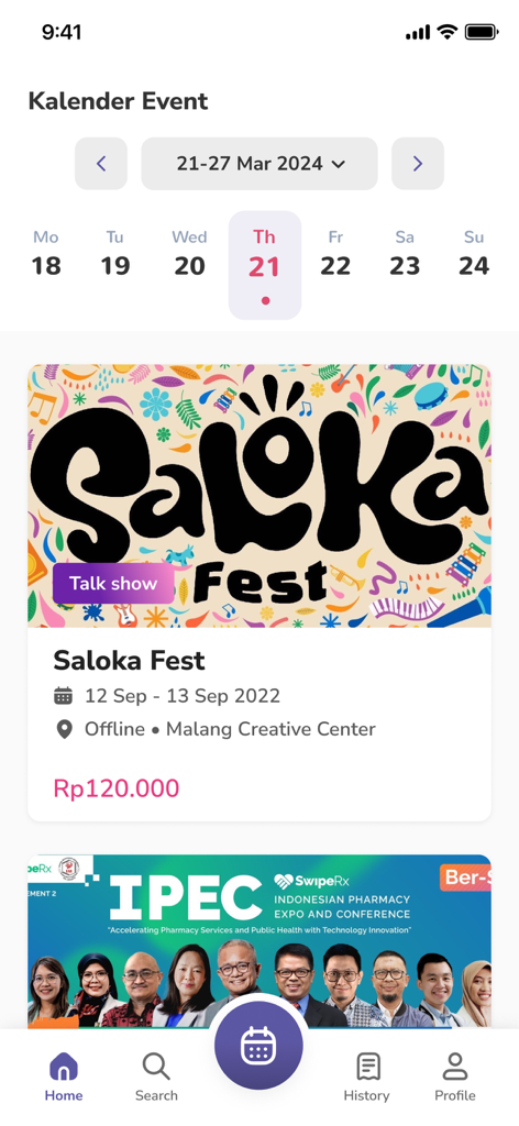 Youniverse - Community - Mobile app interface showing an event calendar with listings for Saloka Fest and the Indonesian Pharmacy Expo and Conference.