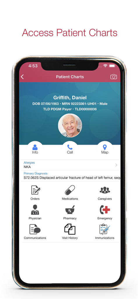 Axxess Home Health - Axxess Home Health mobile interface showing a patient chart with medical history and caregiver contacts
