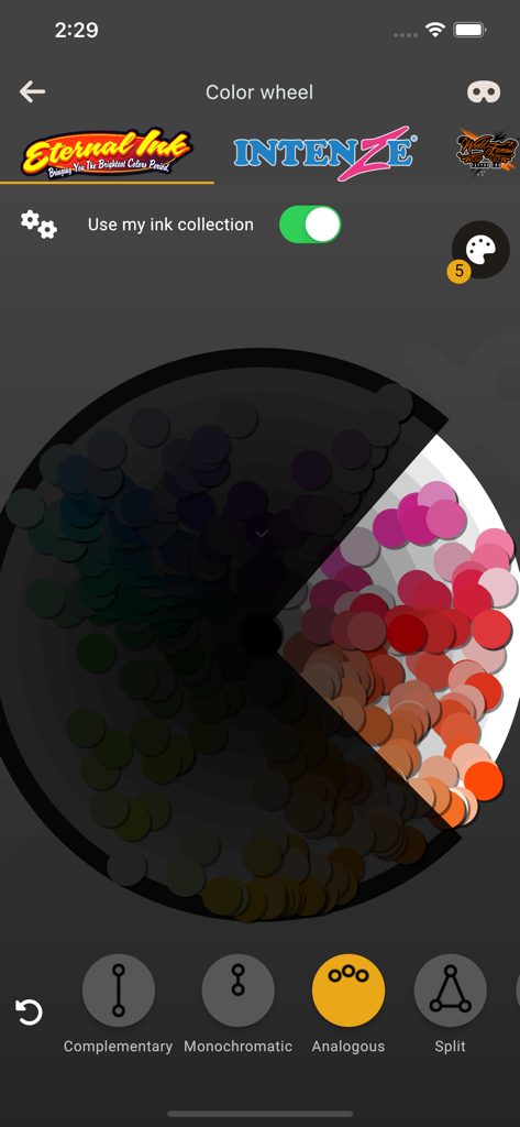 Ink Maps - Digital color wheel in the Ink Maps app for tattoo artists showing analogous color schemes for pigments like Eternal Ink and Intenze.