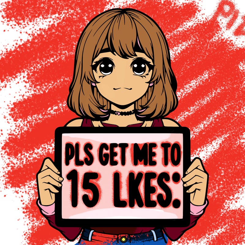 realistic girl holding up a sign that says “pls get me to 15 likes!”