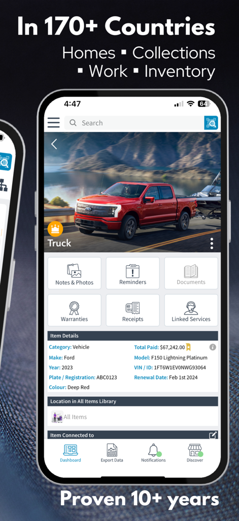 Itemtopia Inventory - Itemtopia mobile app showing a detailed vehicle inventory entry for a Ford F150 truck including price and warranty information