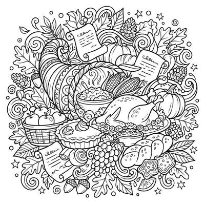 Immerse yourself in the spirit of gratitude with this intricate Thanksgiving harvest coloring page. Discover a delicious array of food and sweets, ready to be brought to life with your favorite colors.