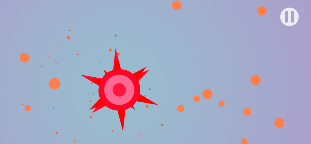 Dot Scale - Gameplay screenshot of Dot Scale showing a red spiked player character surrounded by small orange dots on a blue gradient background.