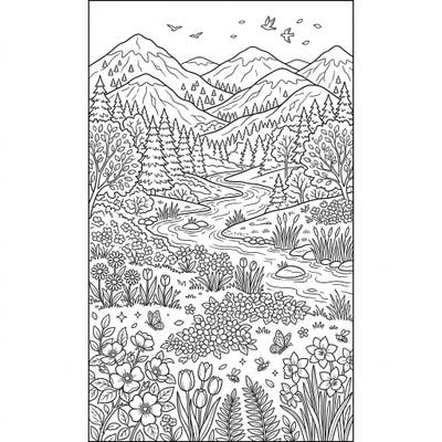 Celebrate the rejuvenating spirit of spring with this beautifully detailed nature landscape coloring page. Designed as a charming bookmark, it features majestic mountains, a serene river, and a meadow vibrant with blooming flowers, offering a perfect creative escape.