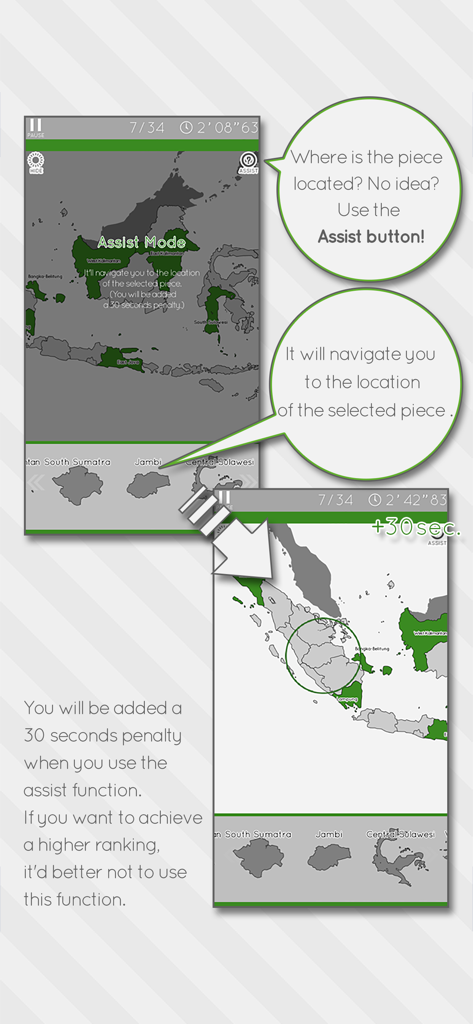 Indonesia Map Puzzle - Captura de pantalla que explica el modo de asistencia y la penalización de treinta segundos en el juego Puzzle del Mapa de Indonesia