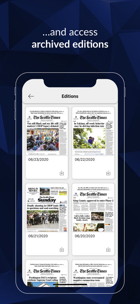 A mobile screen showing a grid of archived Seattle Times newspaper front pages with dates and download options.