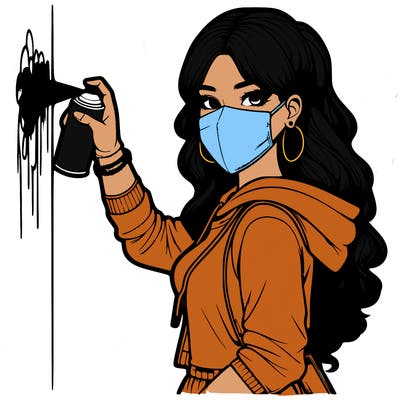 realistic girl with mask spray painting a wall
