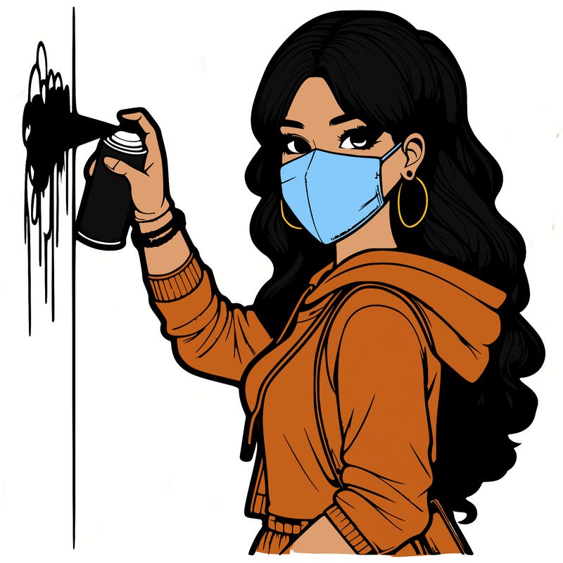 realistic girl with mask spray painting a wall