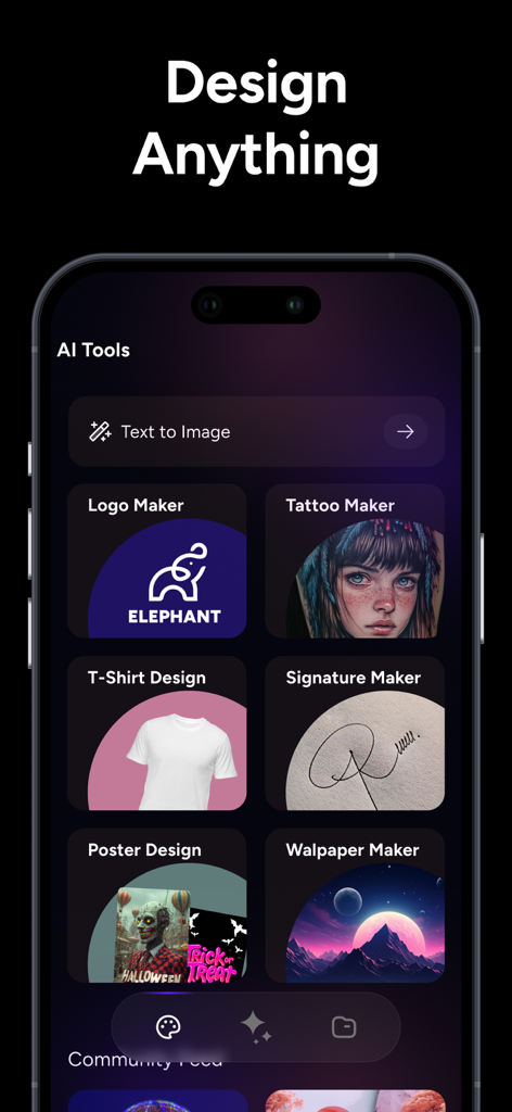 AI Image Generator - Monet - Interfaz de la aplicación IA Monet que muestra herramientas para la creación de logotipos, diseño de tatuajes y creación de fondos de pantalla