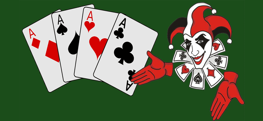 Quatro cartas Ás e um personagem coringa em um fundo verde para Durak Card Online Game