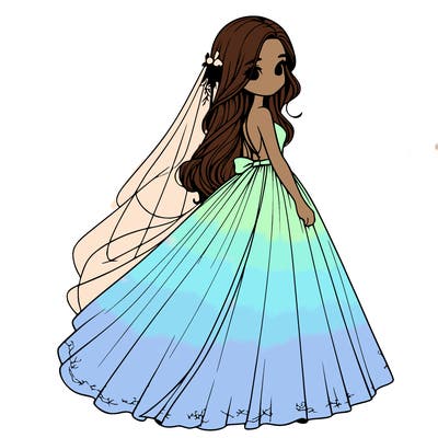 realistic girl in flowing wedding dress