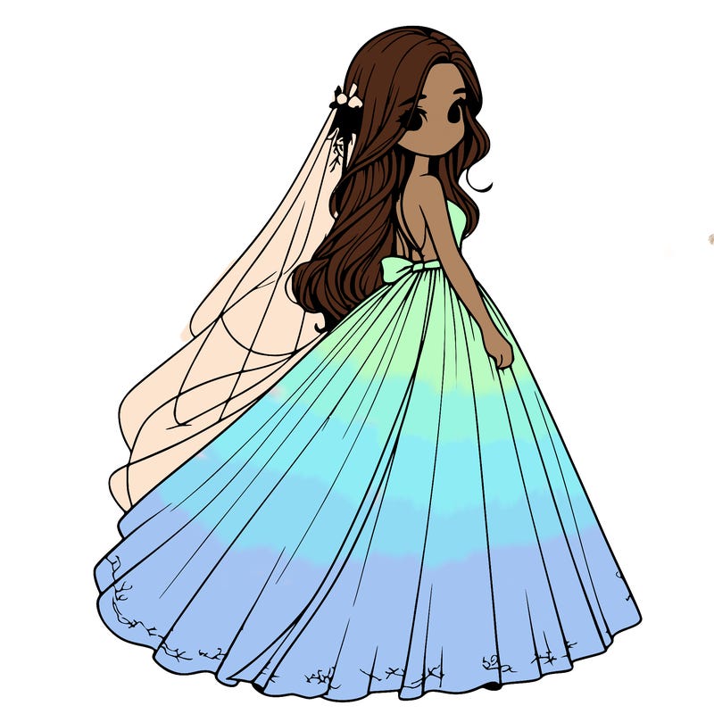 realistic girl in flowing wedding dress