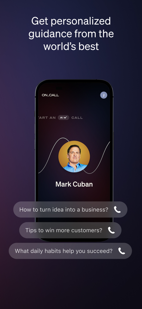 MasterClass On Call app interface showing an AI call with Mark Cuban for personalized business guidance