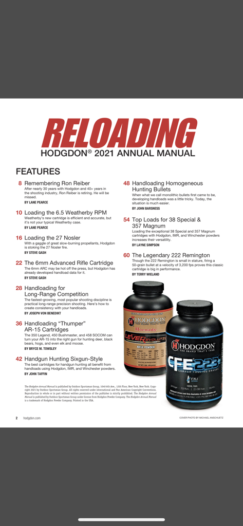 Table of contents page from the Hodgdon 2021 Annual Manual showing reloading articles and powder bottles.
