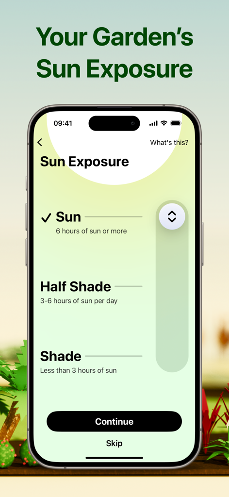 Flourish Garden - A mobile interface for selecting garden sun exposure levels like Sun Half Shade or Shade in the Flourish Garden app